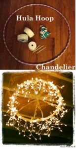 Hula hoop wrapped with string lights for DIY wedding decor.
