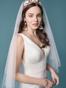 A white, simple V-neck satin sheath wedding dress.