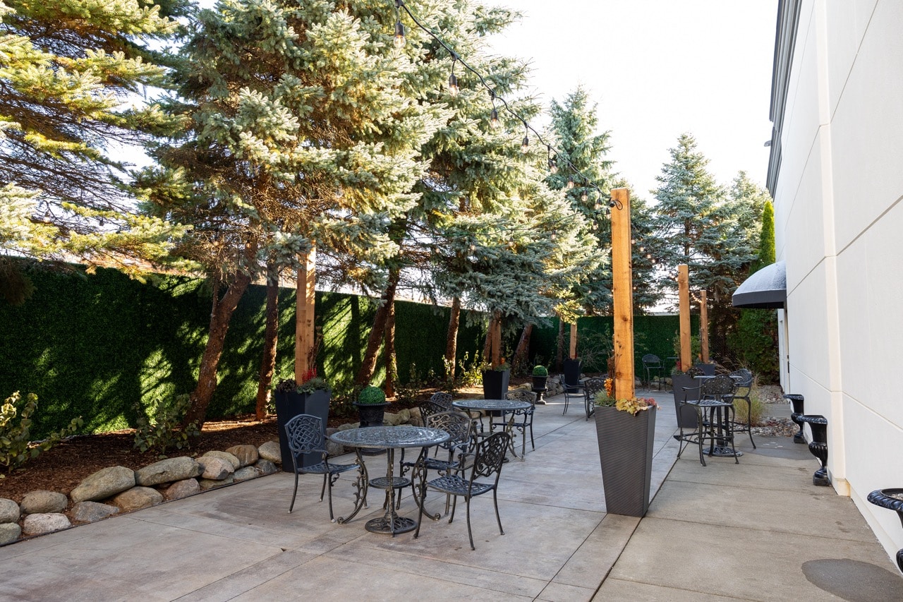 outdoor seating with pine trees and tables